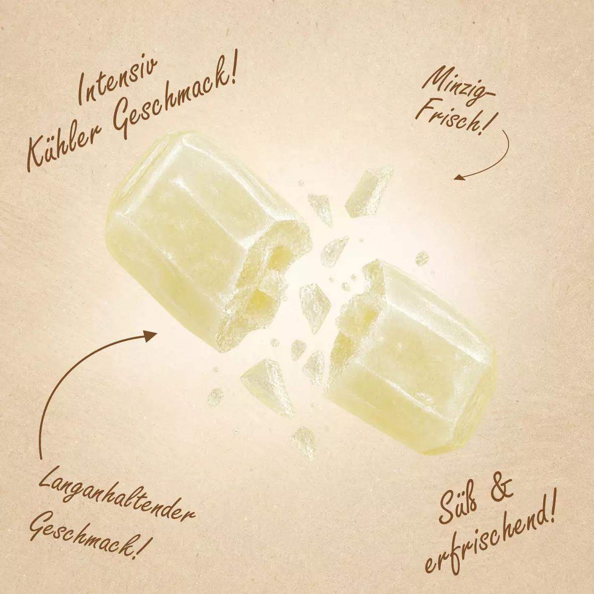 Blockeis Bonbon zerbrochen mit Artikelbeschreibung