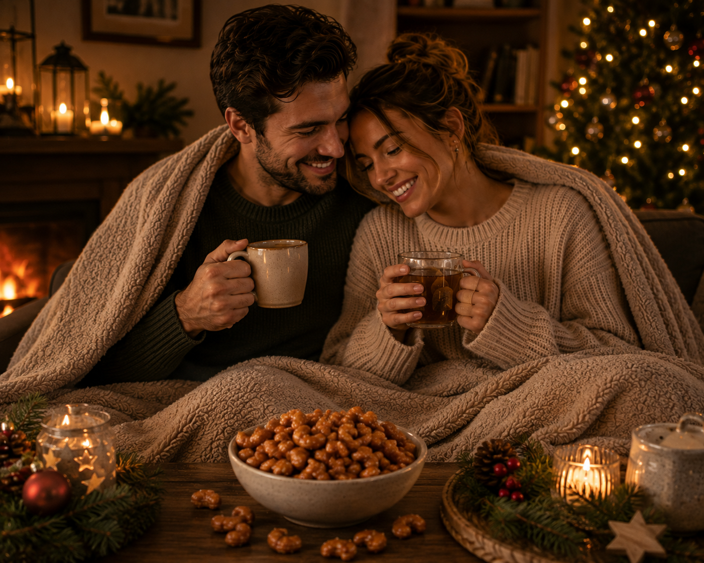 Ein Paar das gemeinsam die Apfel-Zimt Cashews am Abend verspeist