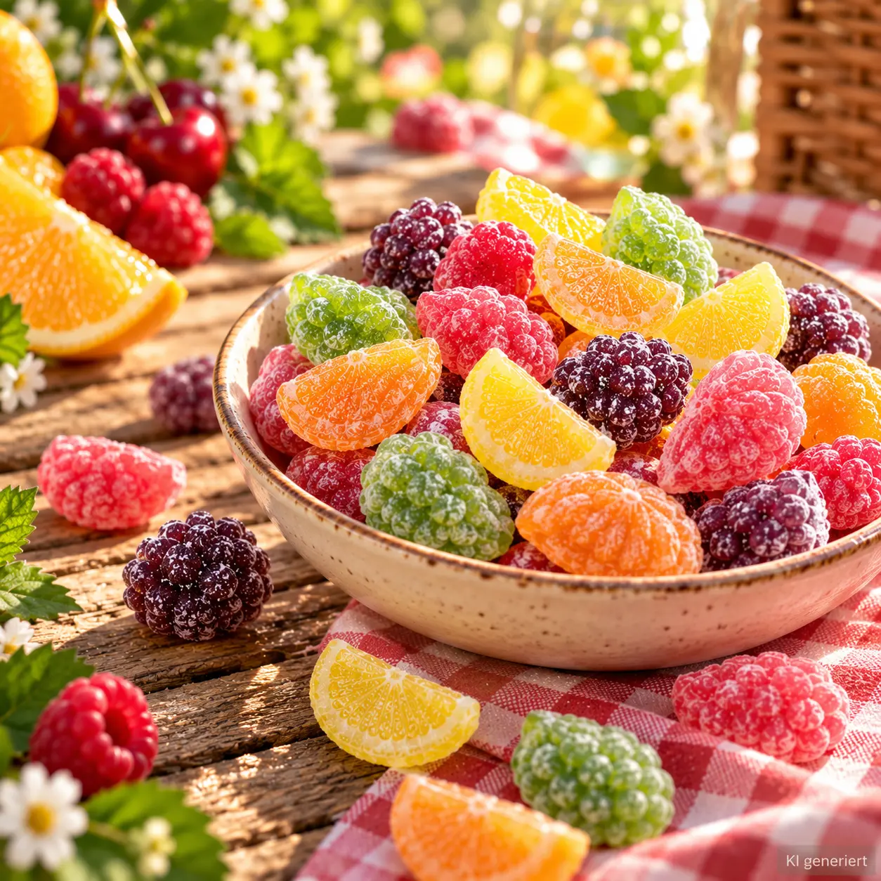 Fruchtsalat Bonbons schön dekoriert auf Tisch
