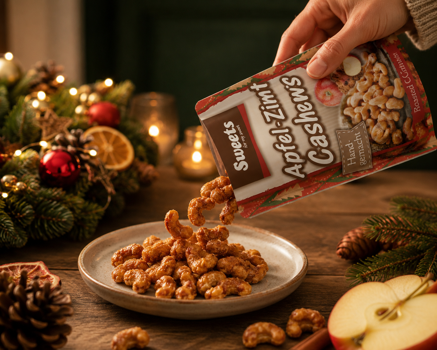 Die Apfel-Zimt Cashews auf einen Teller gelehrt