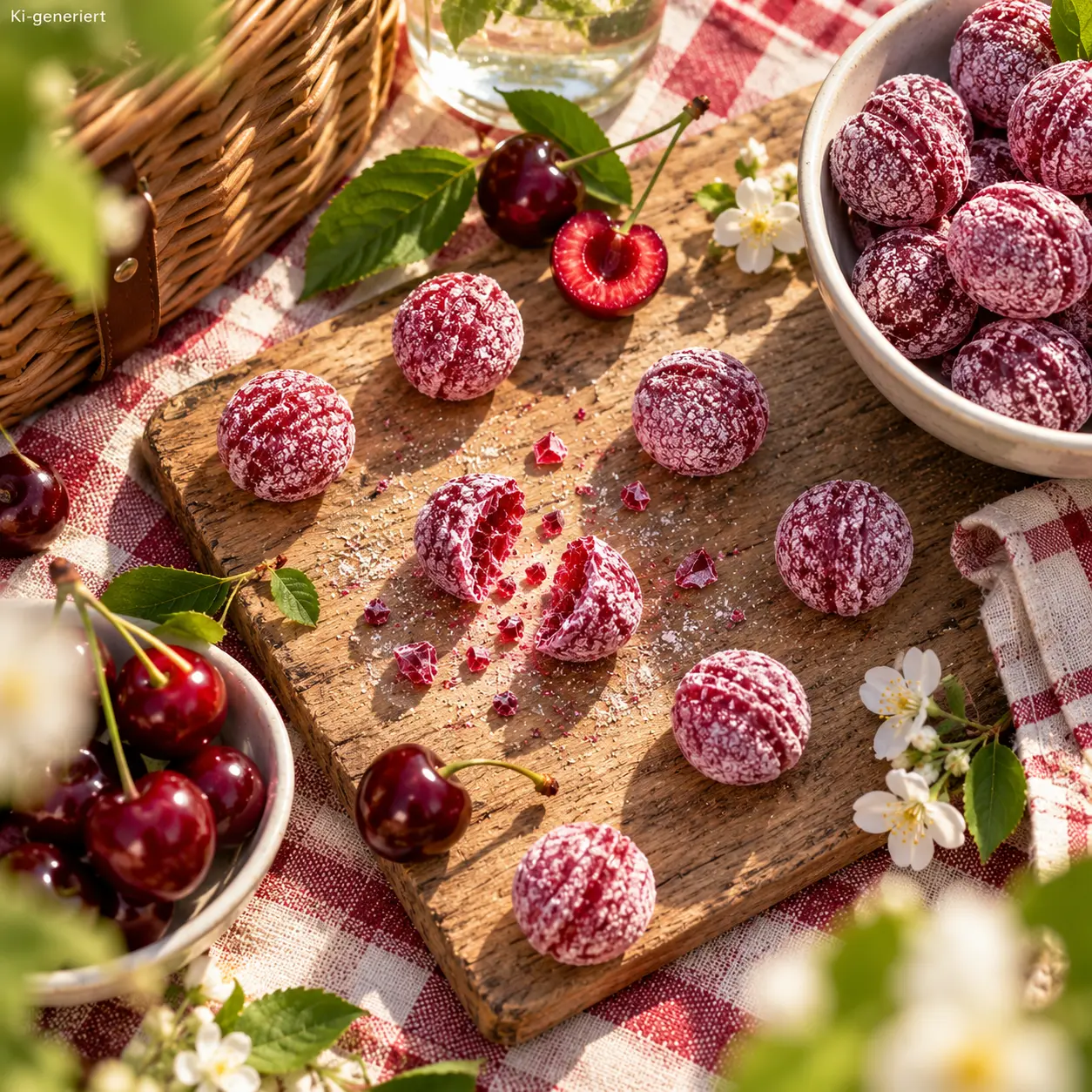 Kirsch Bonbons schön angerichtet beim Picknick